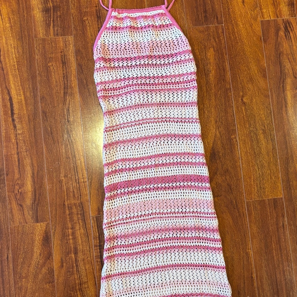 Pink and White Striped Crochet Dress
